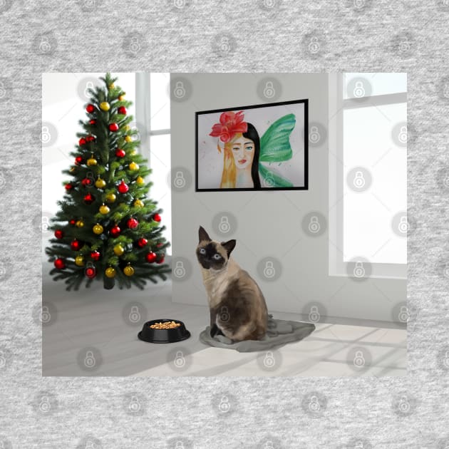 Siamese cat sitting in the white room with food and Christmas tree by Ammi